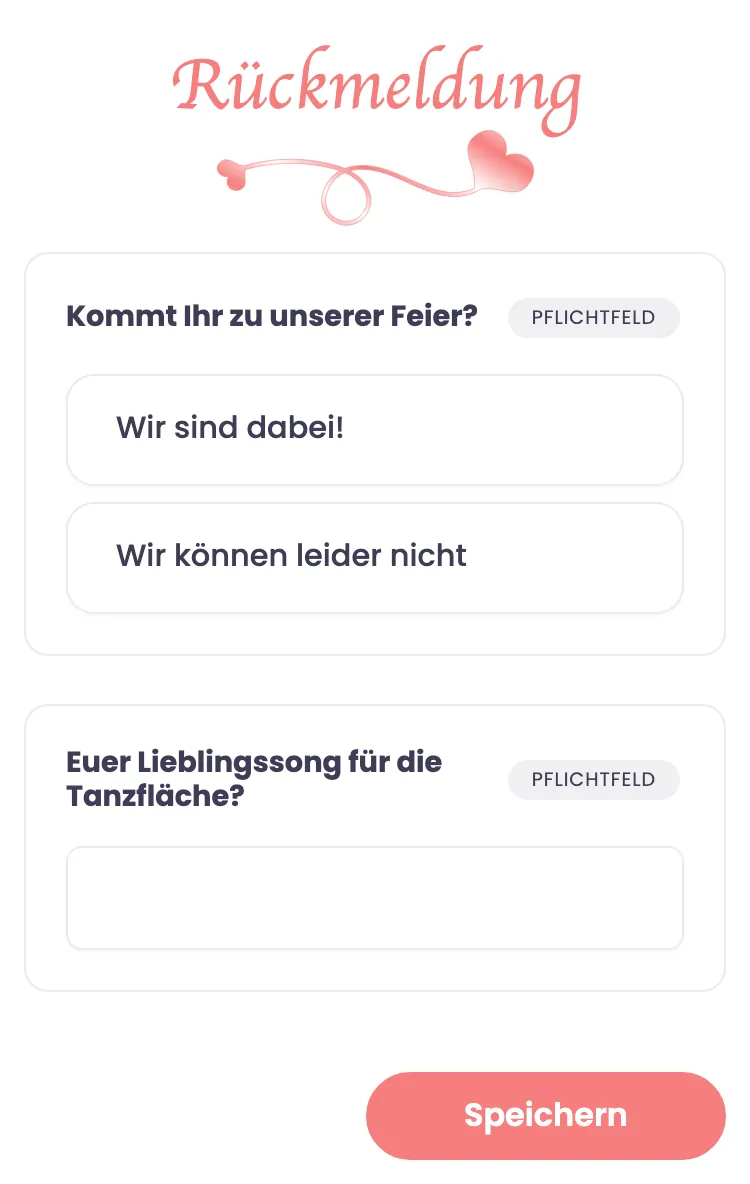 RSVP-Formular auf dem Handy, von einem Hochzeitsgast ausgefüllt