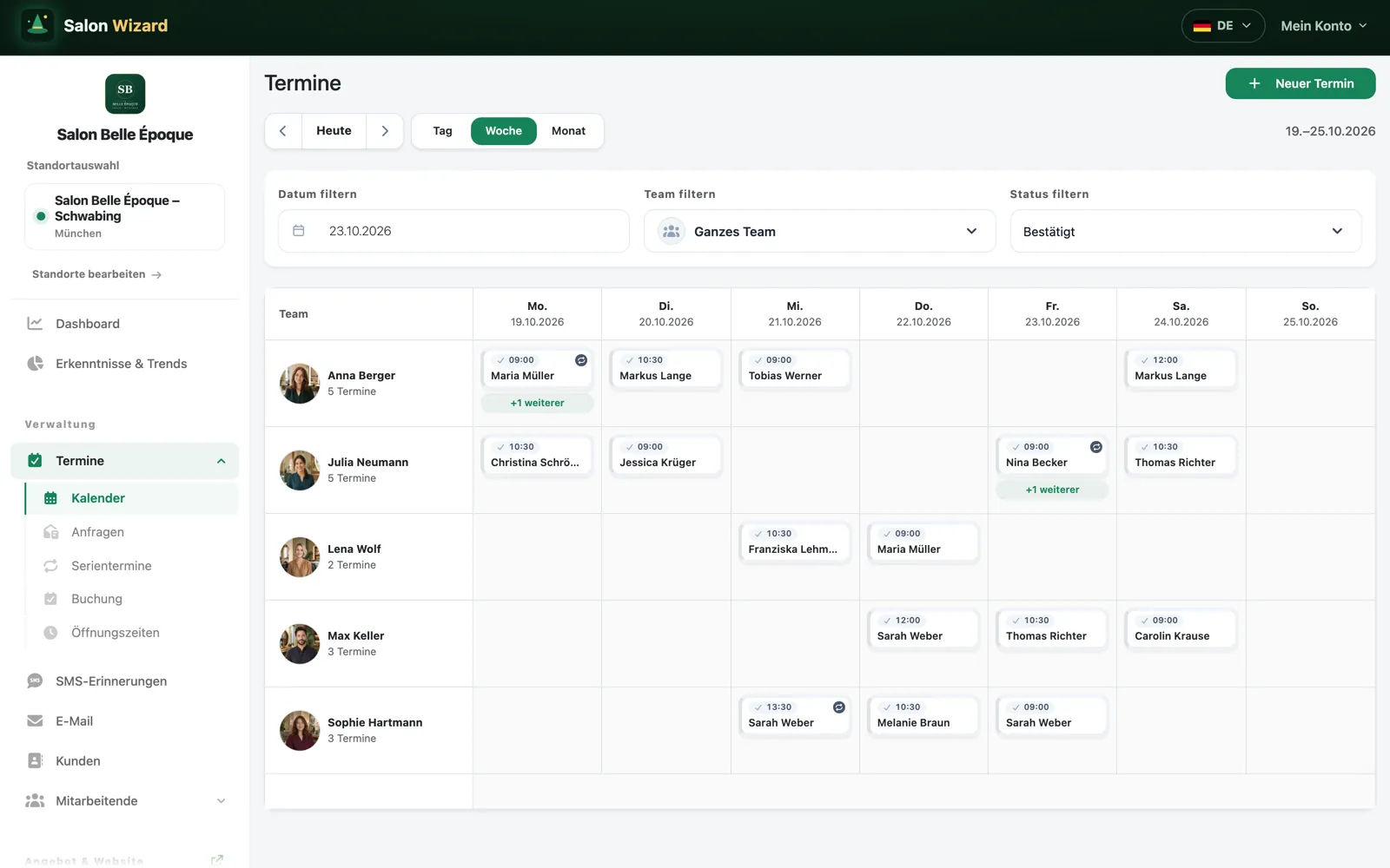 Wochenkalender der Salon-Software mit den Terminen je Teammitglied