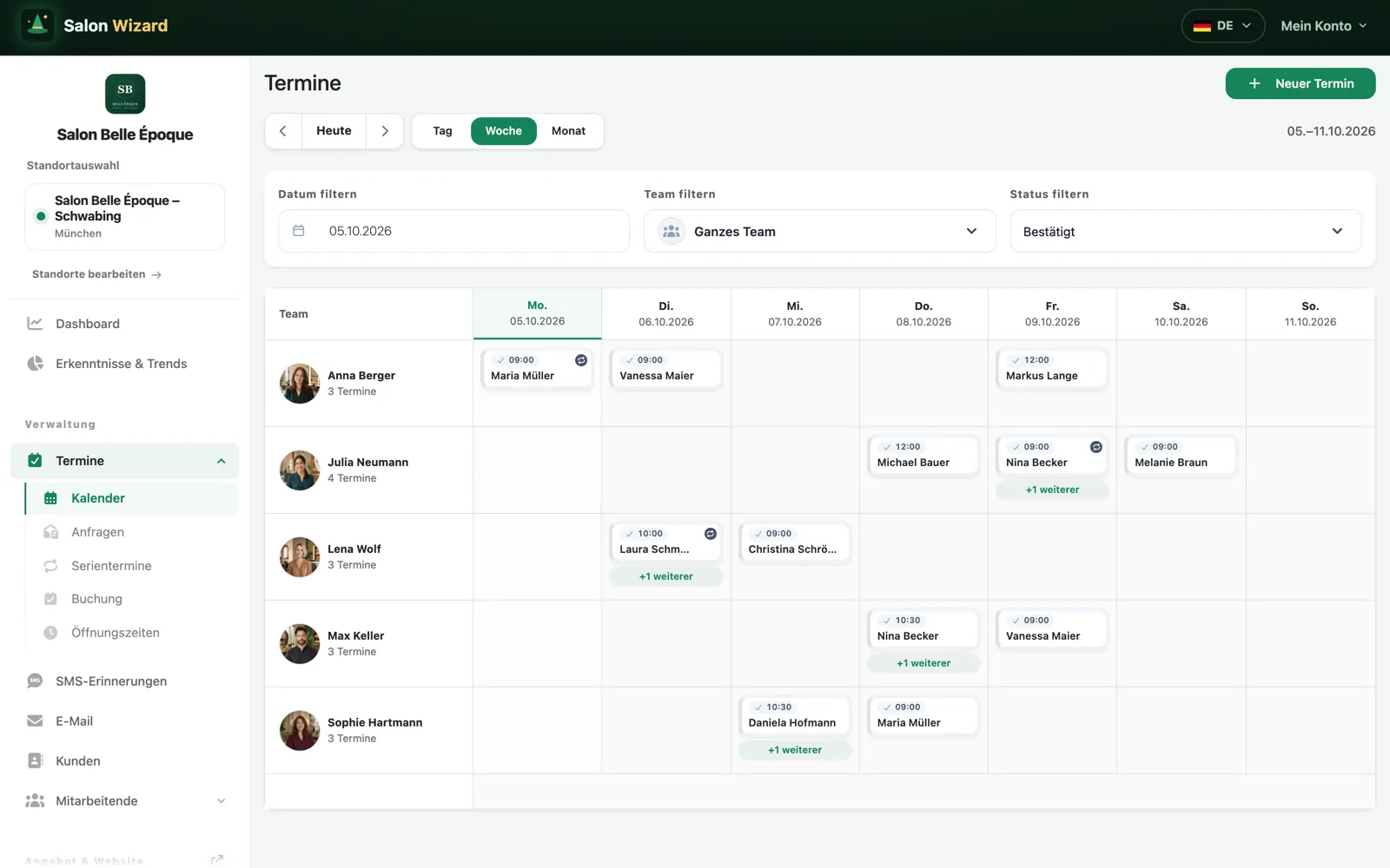 Wochenkalender der Salon-Software mit den Terminen je Teammitglied