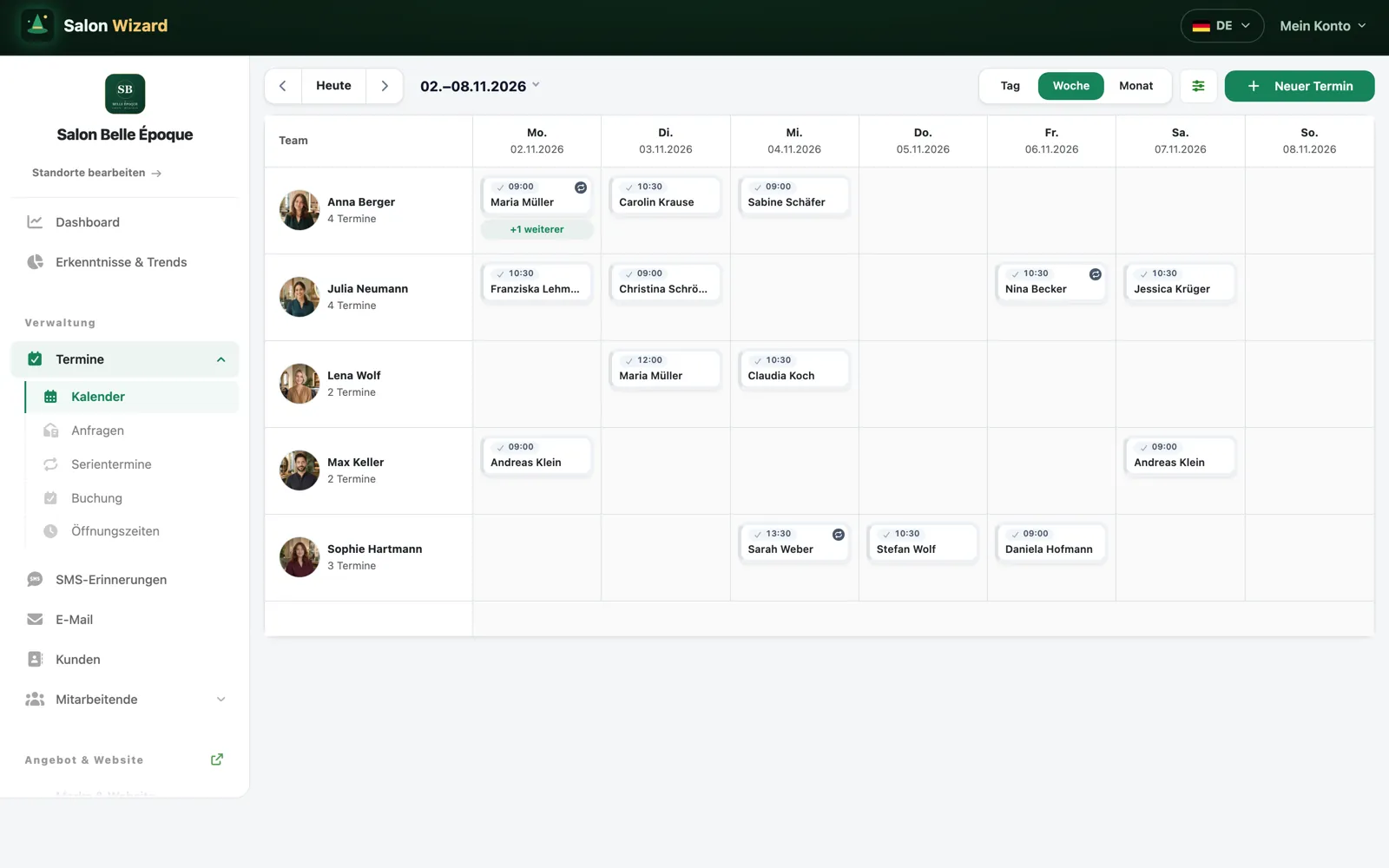 Wochenkalender der Salon-Software mit den Terminen je Teammitglied