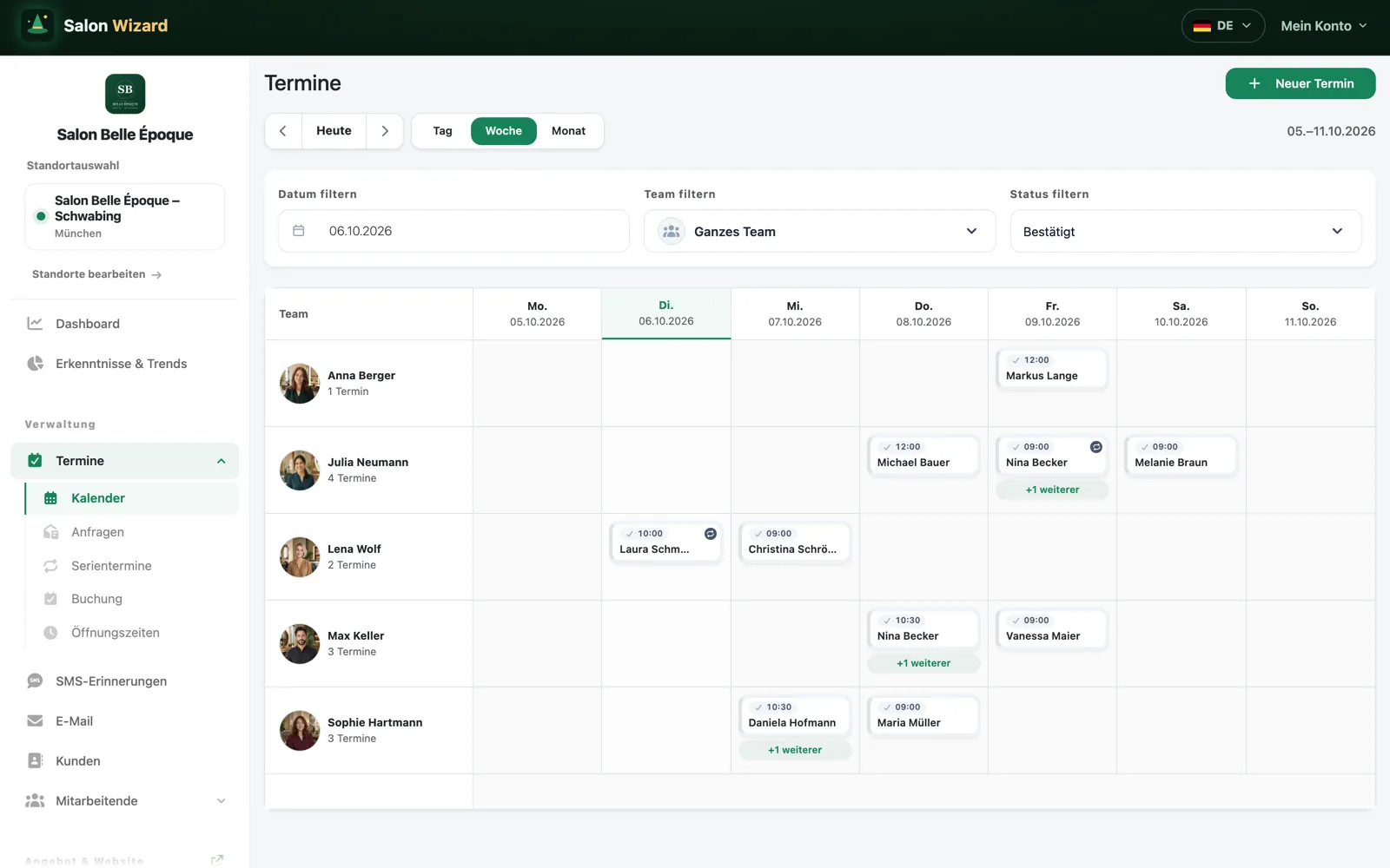 Wochenkalender der Salon-Software mit den Terminen je Teammitglied