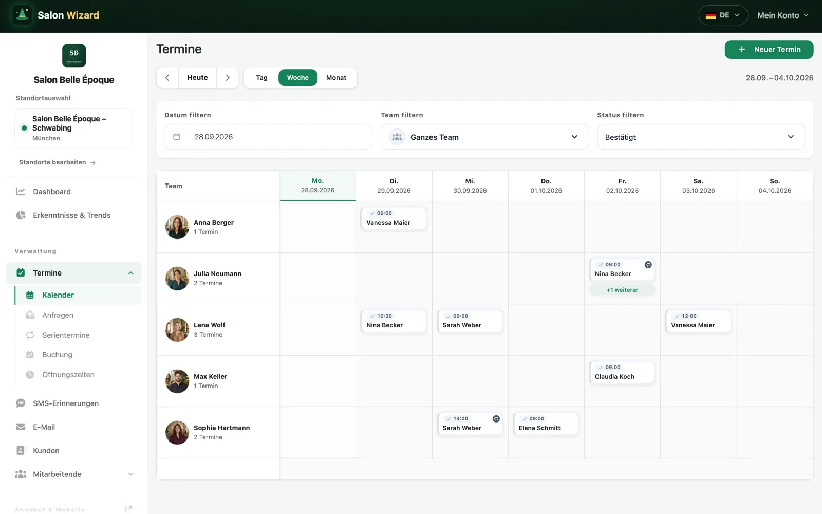 Wochenkalender der Salon-Software mit den Terminen je Teammitglied
