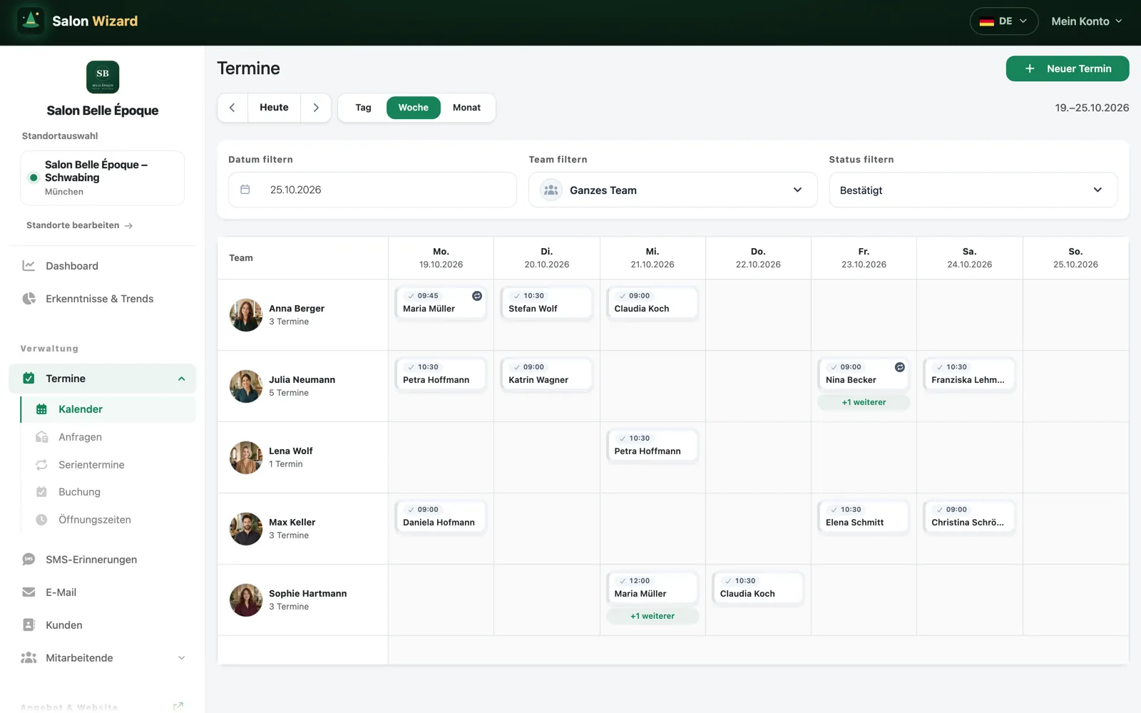 Wochenkalender der Salon-Software mit den Terminen je Teammitglied